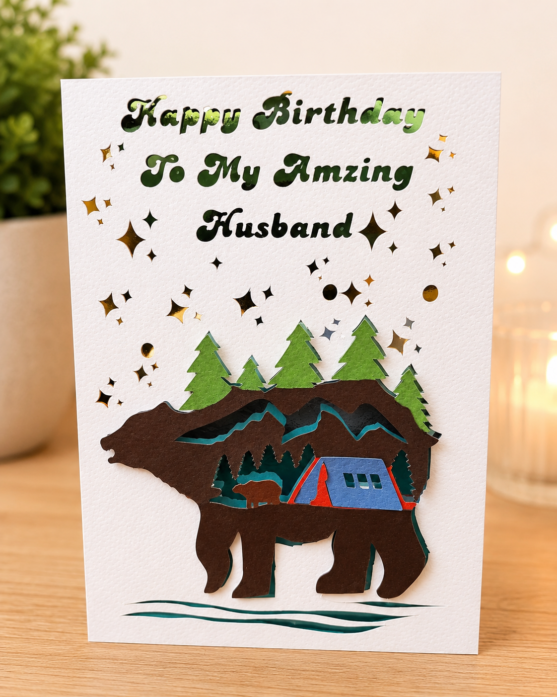 Personalised 3D Bear Birthday Card for Husband | Handmade Camping & Adventure Greeting Card