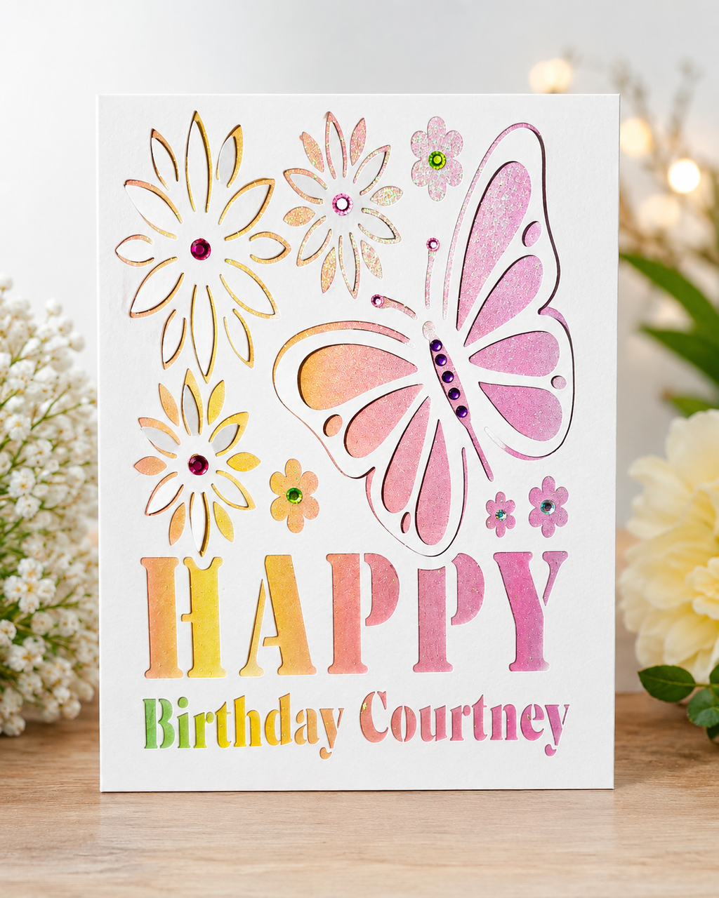 Personalised 3D Butterfly Birthday Card – Handmade Glitter Card with Name – Luxury Birthday Card for Her