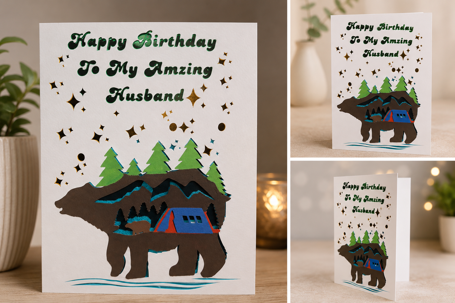 Personalised 3D Bear Birthday Card for Husband | Handmade Camping & Adventure Greeting Card