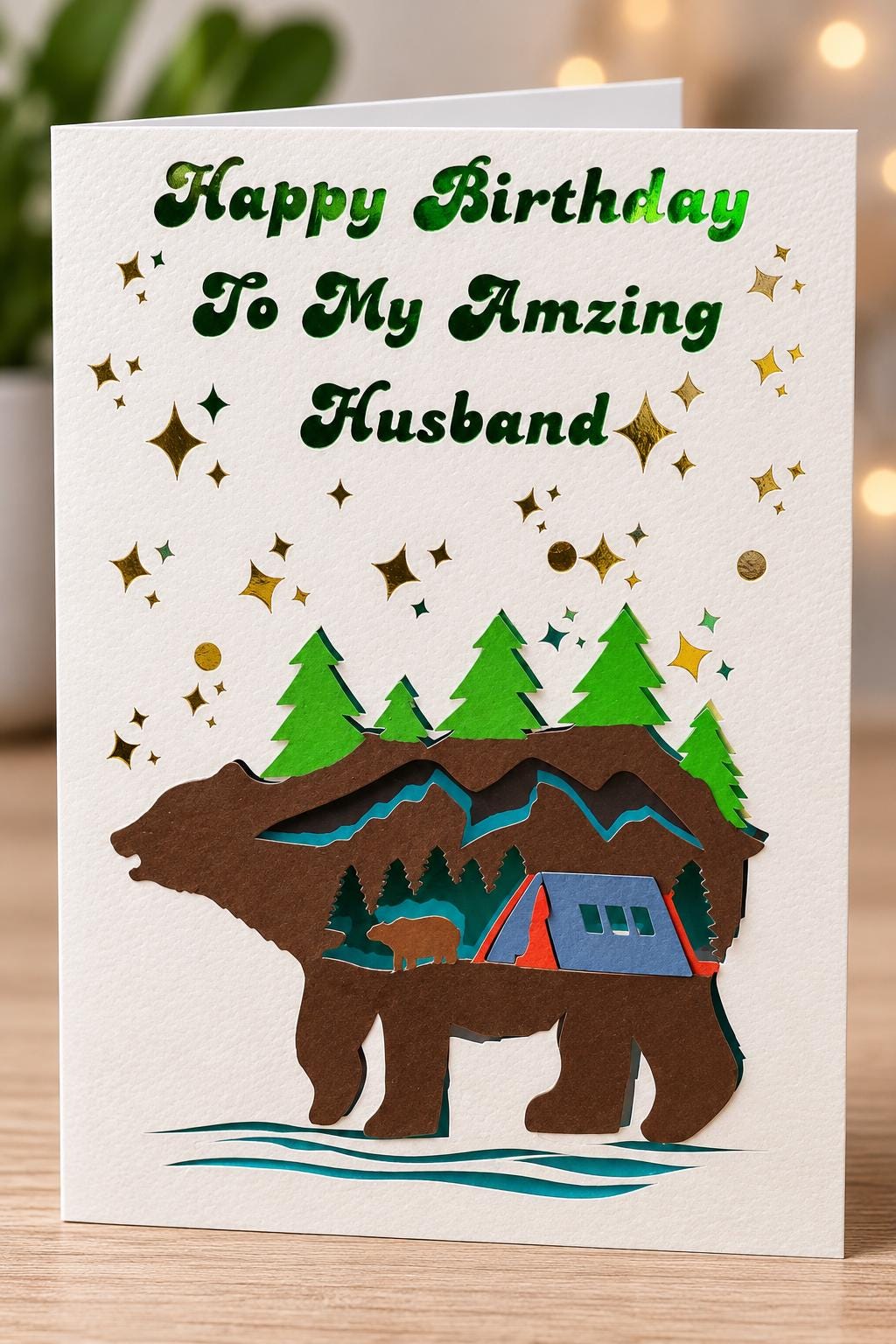 Handmade 3D Birthday Card for Husband: Bear, Mountains, Camping Scene