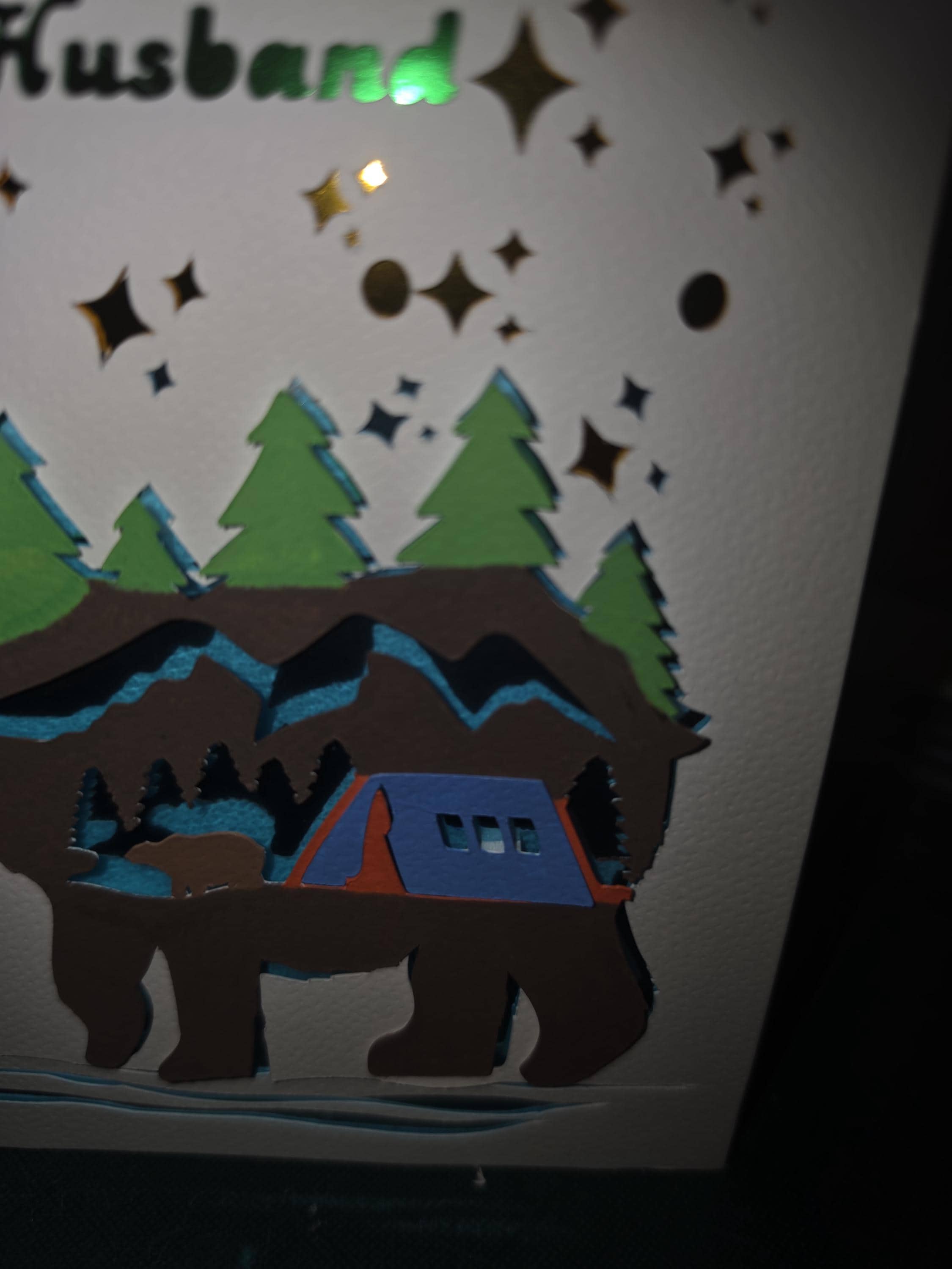 Handmade 3D Birthday Card for Husband: Bear, Mountains, Camping Scene