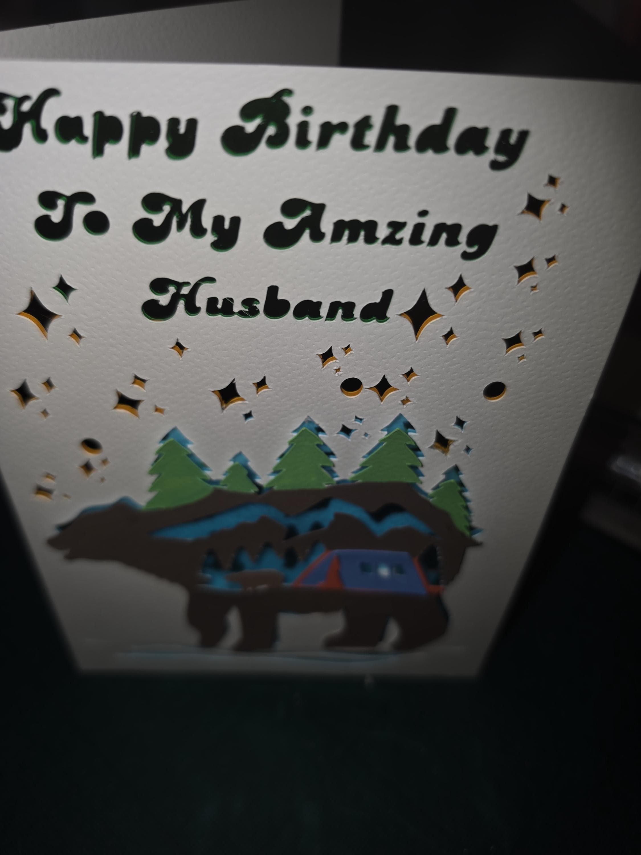 Handmade 3D Birthday Card for Husband: Bear, Mountains, Camping Scene