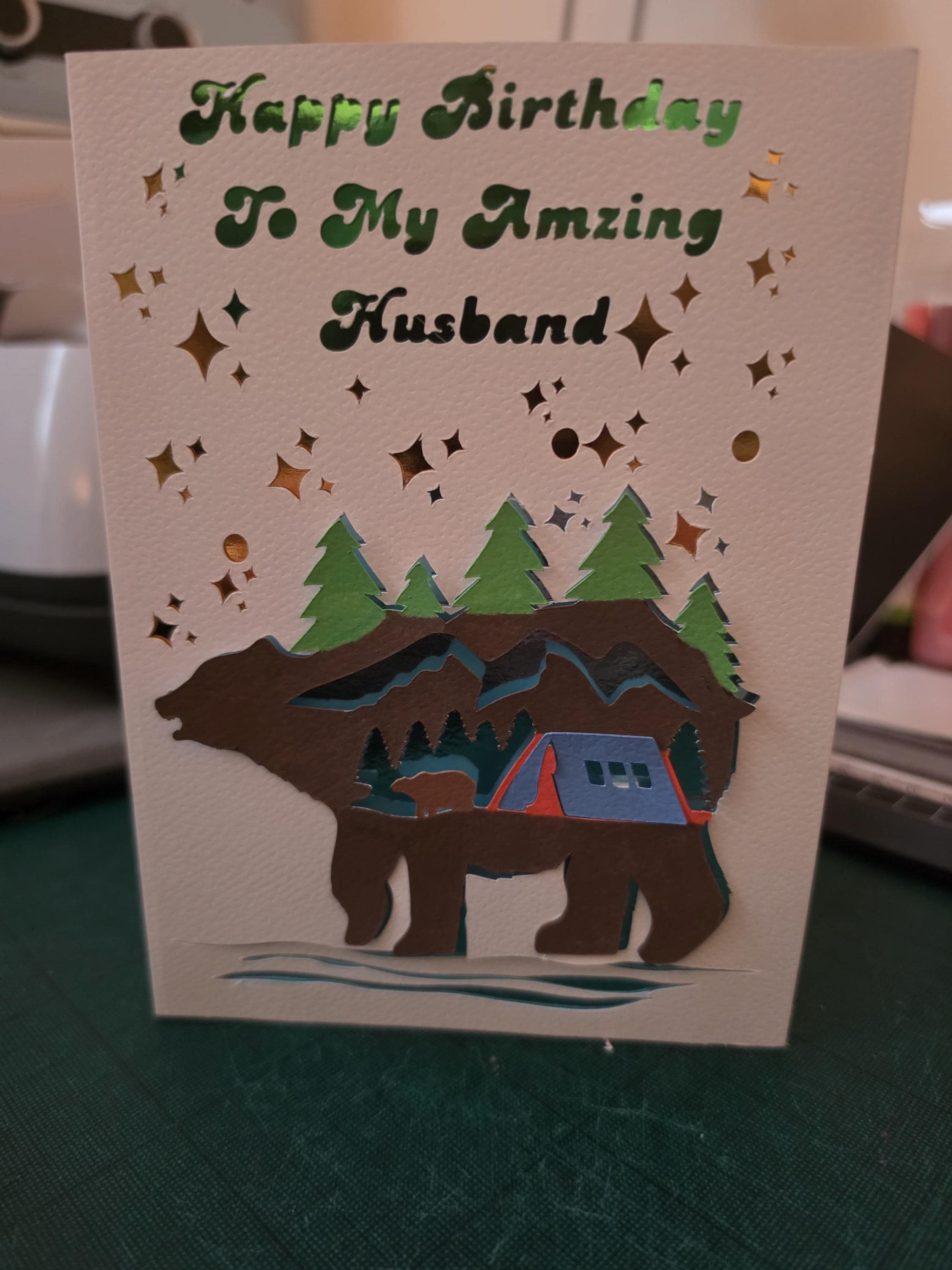 Handmade 3D Birthday Card for Husband: Bear, Mountains, Camping Scene