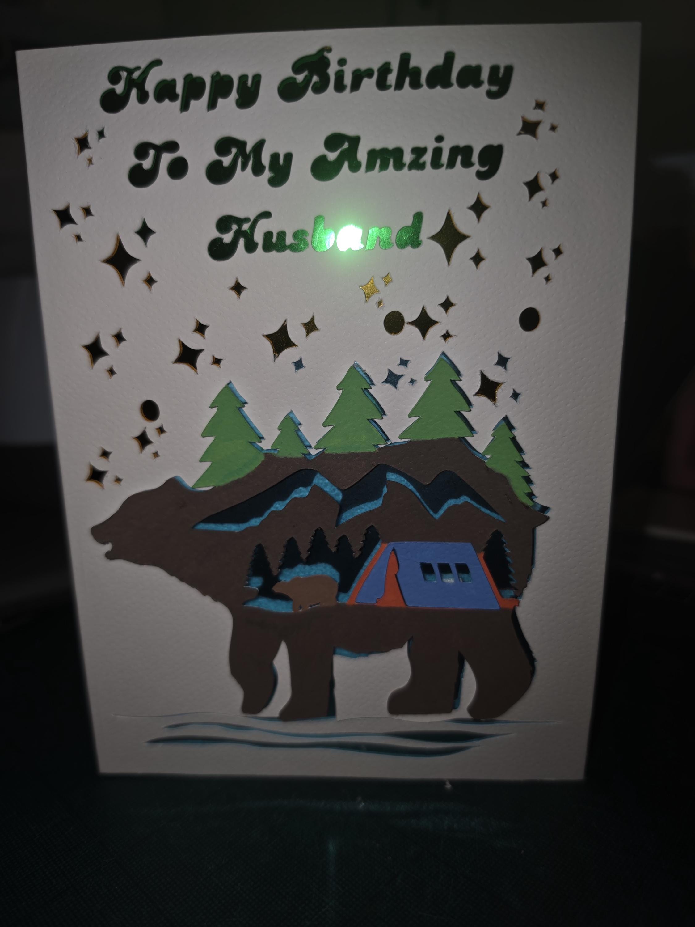 Handmade 3D Birthday Card for Husband: Bear, Mountains, Camping Scene