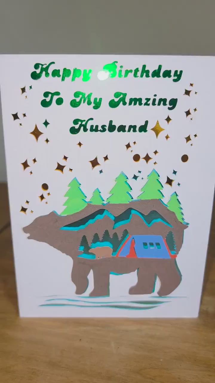 Handmade 3D Birthday Card for Husband: Bear, Mountains, Camping Scene