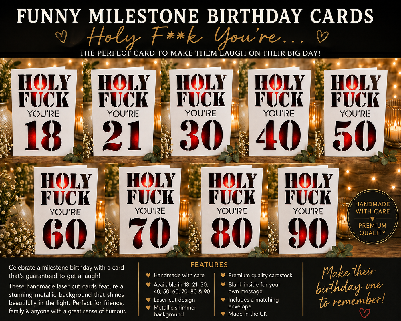 Funny Milestone Birthday Card | Handmade "Holy Fk You're…" Birthday Card | 18th, 21st, 30th, 40th, 50th, 60th, 70th, 80th & 90th Birthday Card**