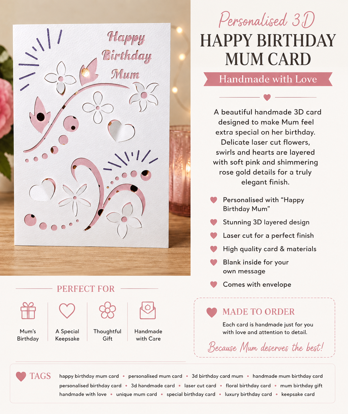 Handmade Happy Birthday Mum Floral Papercut Greeting Card | Luxury Birthday Card for Mum | Laser Cut & Handcrafted